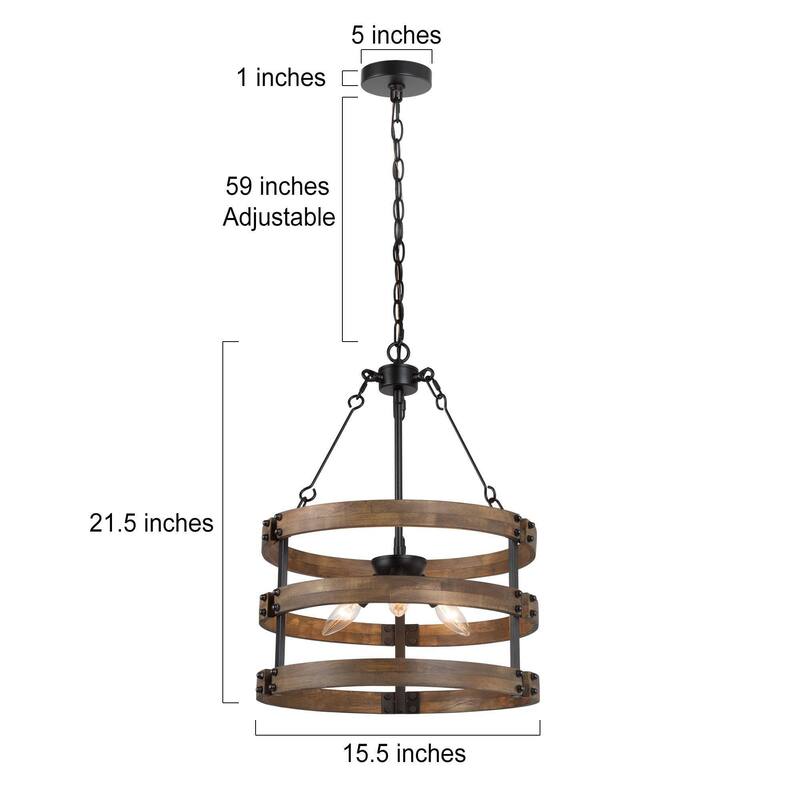 Rustic 3-Light Wood Drum Chandelier Farmhouse Airy Kitchen Island Pendant Light - Dia.15.5"xH21.5"