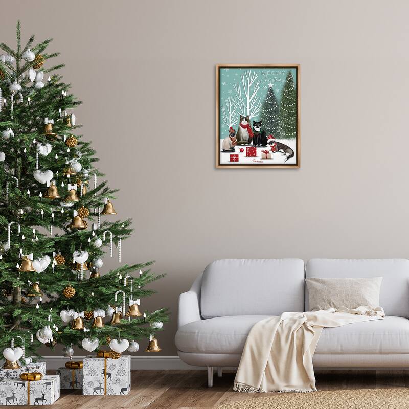 Stupell Festive Winter Cats Scene Framed Floater Canvas Wall Art Design By Elizabeth Tyndall