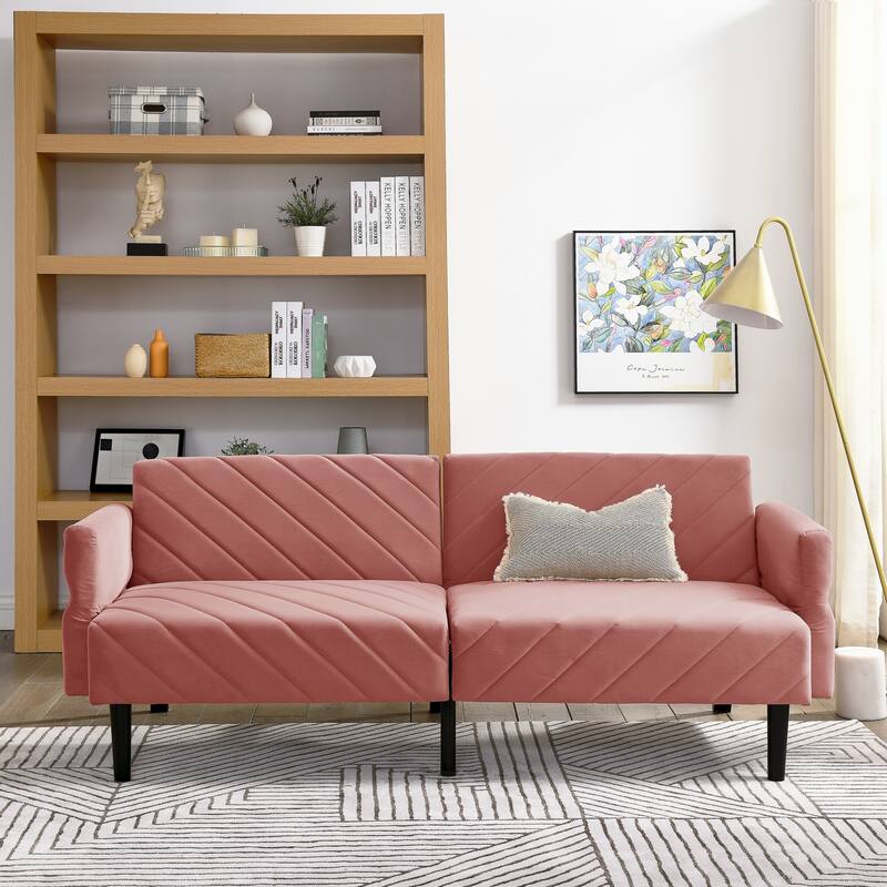 Velvet Futon Sofa Bed with 6-Position Backrest and Armrests for Apartments