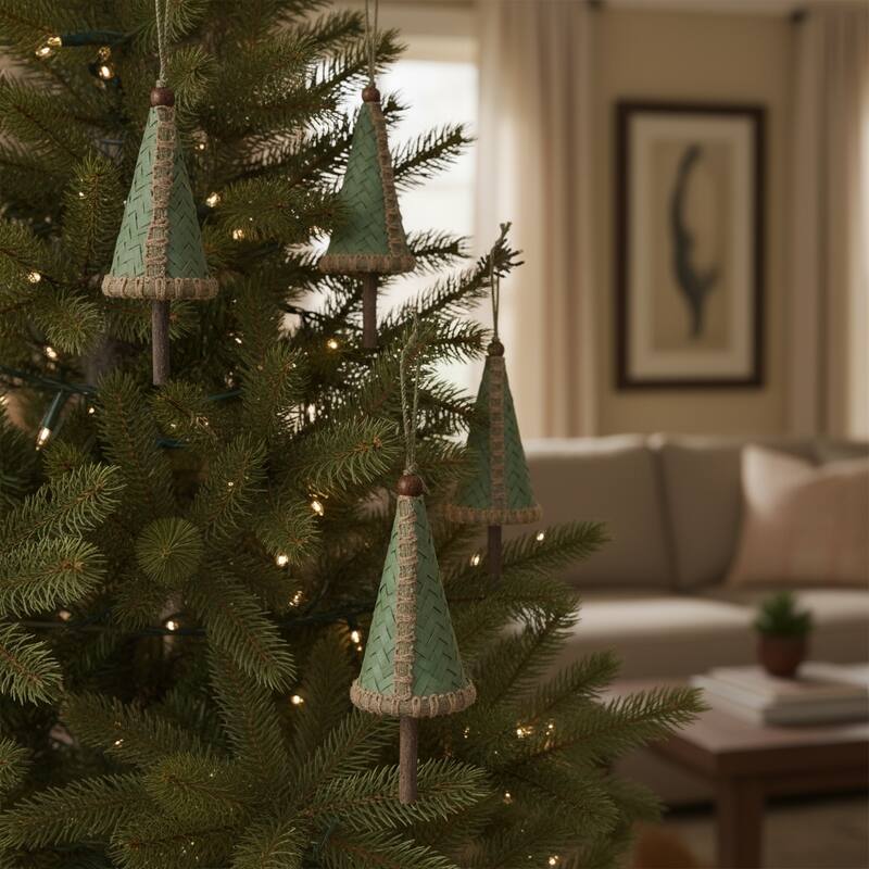 HomeRoots Set of Four Green And Natural Woven Bamboo Christmas Tree Shaped Ornaments - Plastic/Felt - Green/Brown