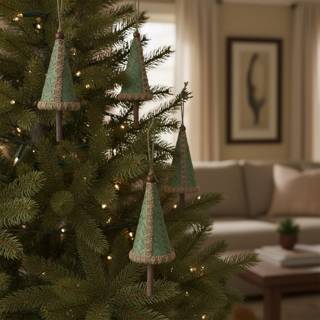 HomeRoots Set of Four Green And Natural Woven Bamboo Christmas Tree Shaped Ornaments
