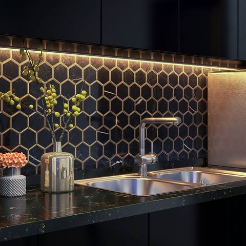 TileGen. Natural Nero 3" x 3" Marble Honeycomb Mosaic in Black/Gold Wall Tile (10 sheets/9.8 sqft.)