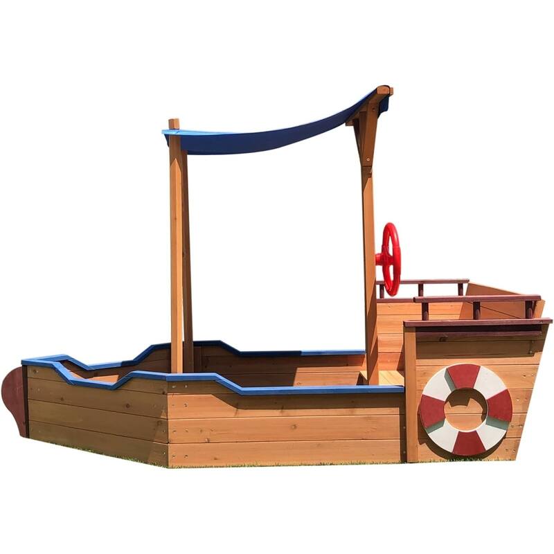 Sandbox with Cover,Wood Ship Sandbox with Rudder,Storage Bench and Seat