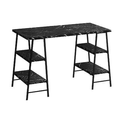 Computer Desk, Home Office, Laptop, Storage Shelves, 48"l, Work, Black Marble Look Laminate, Black Metal, Contemporary