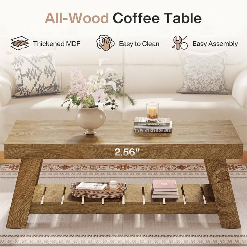 2-Tier Farmhouse Wood Rectangular Coffee Table, Rectangular Center Tables for Living Room, Apartment, Home