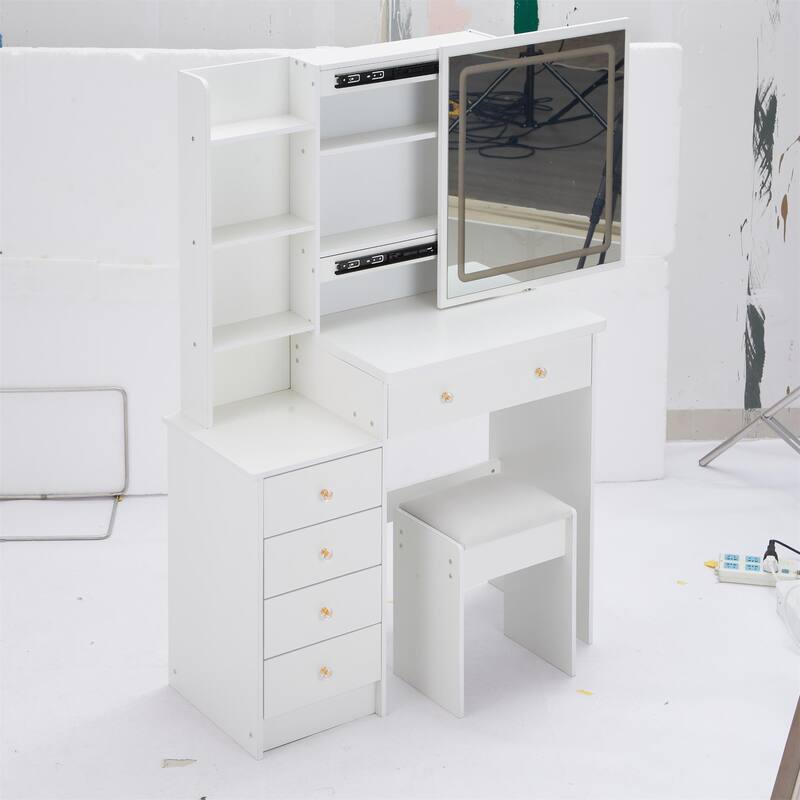 37" Mid-Size Left Bedside Vanity Set with LED Mirror and Stool
