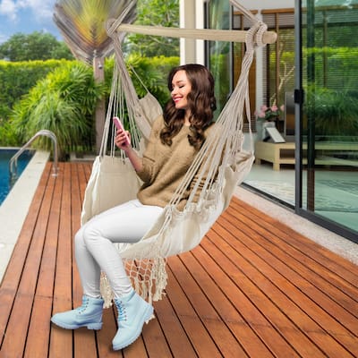 ALEKO Patio Hanging Rope Swing Hammock Chair Side Pocket Supports up to 440 lbs