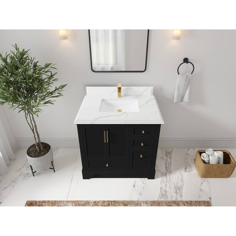 Willow Collections 36 in. W x 22 in. D Alys Center Sink Left Bathroom Vanity with Countertop - 1.5"Calacatta - Black