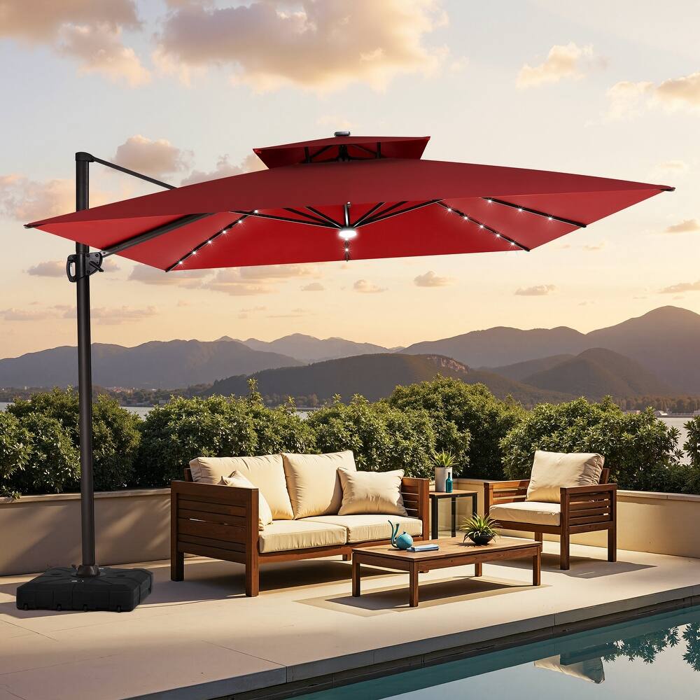 11FT Patio Cantilever Umbrella with LED Lights Double Vented Umbrella with Weighted Base