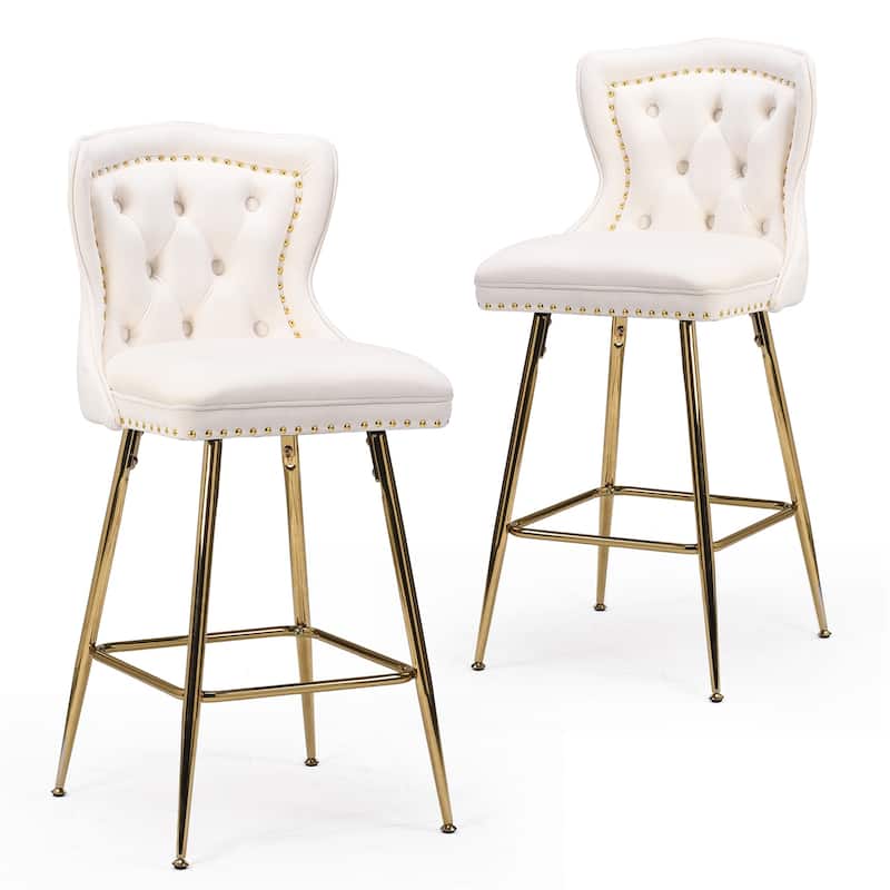 Velvet Bar Stools with Metal Legs, Button Tufted and Nailheads Trim (Set of 2)