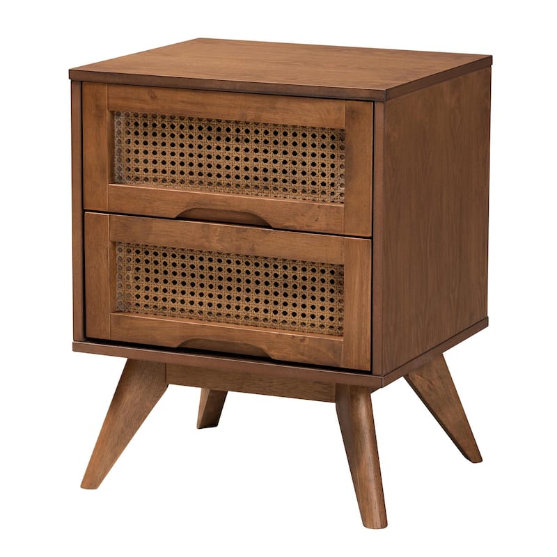 Nura Mid-Century Modern Walnut Brown Finished Wood and Rattan 3-Piece/4-Piece/5-Piece Bedroom Set (Multiple Bed Sizes)