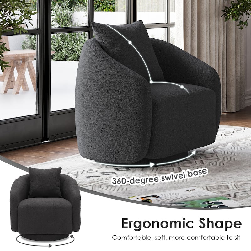 Swivel Accent Chair, Barrel Armchair with Back Pillow & Wood Frame for Living Room, Bedroom, Office