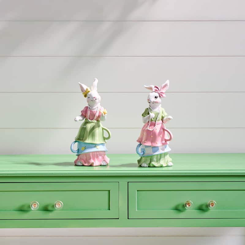 10" Resin Bunny N Teacup Dress Set of 2