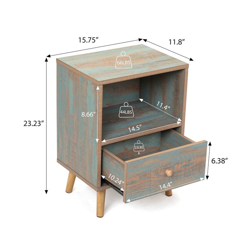Wood Nightstand with Drawer and Shelf Set of 2