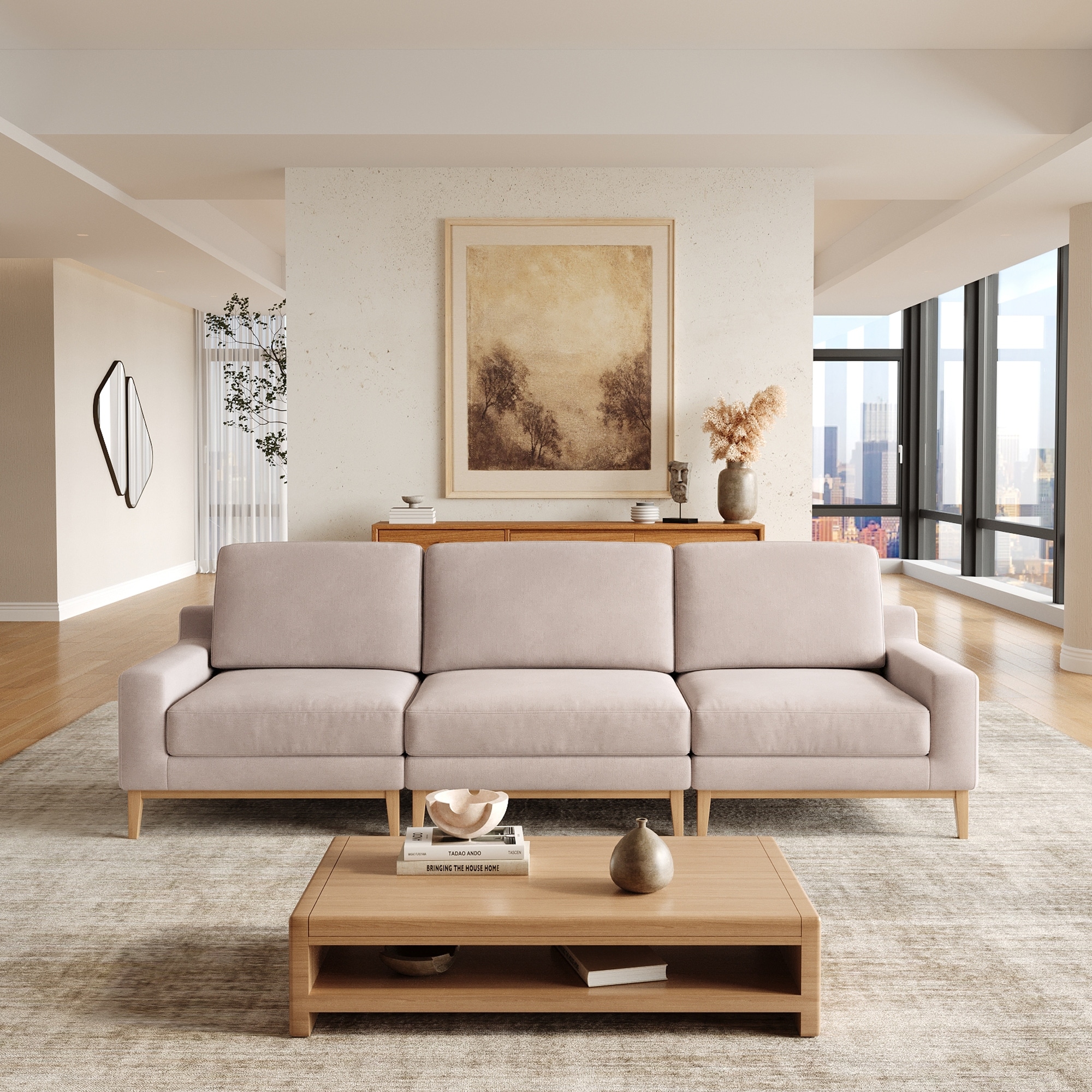 117'' Modular Sectional Sofa With Solid Wood Legs For Living Room, Apartment, Office