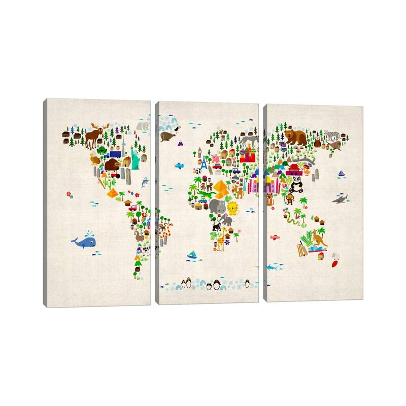 iCanvas "Animal Map of The World II" by Michael Tompsett 3-Piece Canvas Wall Art Set