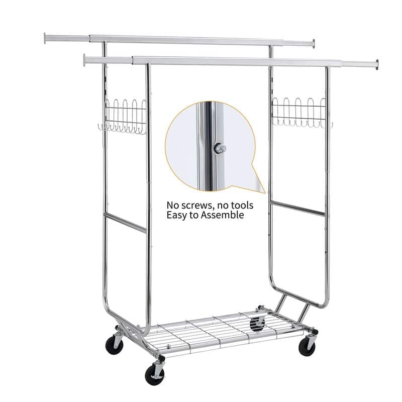 Mieres Double Clothing Rack, Collapsible Clothing Rack Max Capacity 800lbs, Industrial Rolling Rack with Bottom Shelf