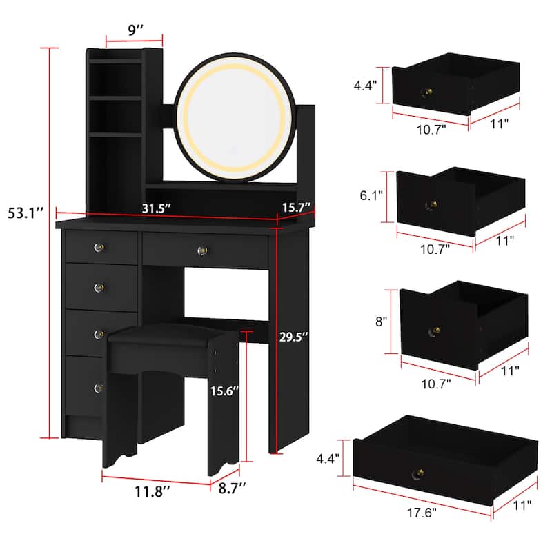 Makeup Vanity Dressing Table, Vanity Mirror with Lights and Table Set - 52"H