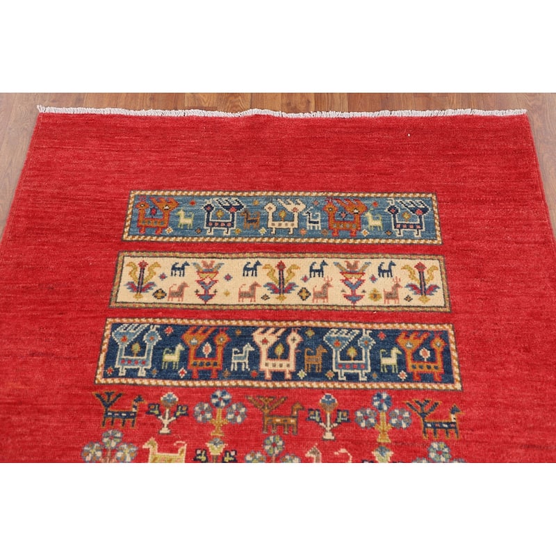 Tribal Geometric Red Kazak Oriental Area Rug Hand-Knotted Wool Carpet - 3'11" x 5'11"