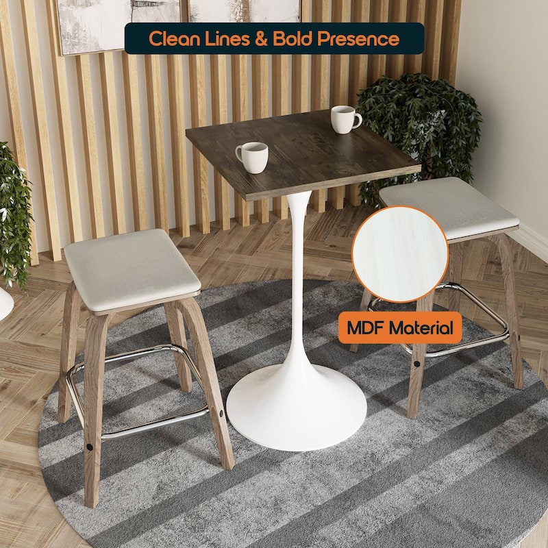 Verve 43 in. Tall Bar Height Dining Table Square MDF Wood Tabletop in White Stainless Steel Pedestal Base Accent Bar Table