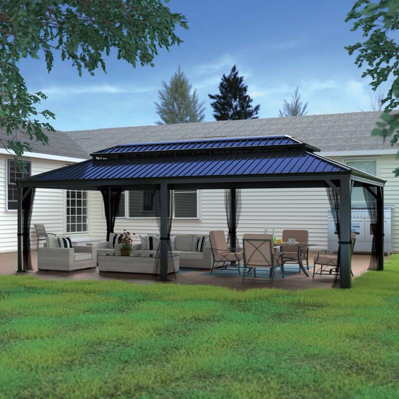 VEIKOUS Aluminum Double Hardtop Gazebo Pergola for Patio, Lawn, and Garden with Removable Netting - 14×24