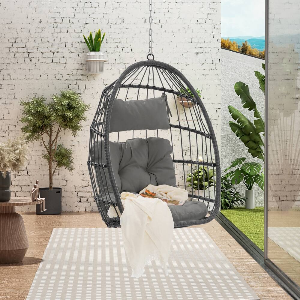 Handwoven Rattan Swing Chair Basket Chair Hammock Chair, Outdoor Hanging Egg Chair with Waterproof Cushion