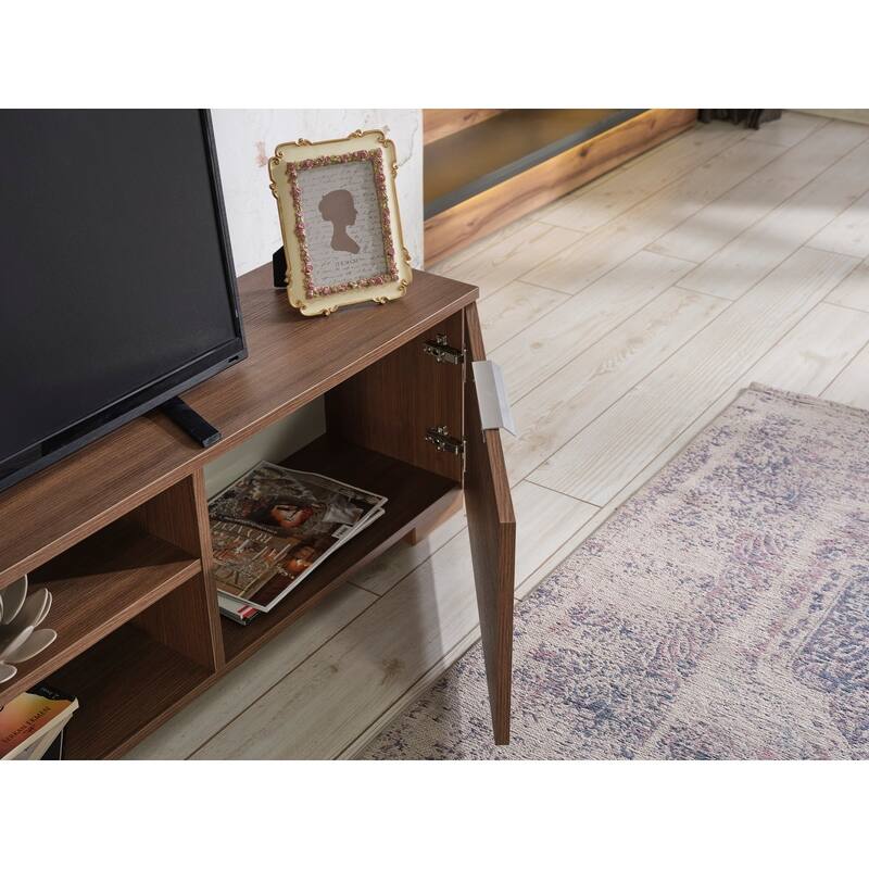 FurnisHome Store Luxia Mid Century Modern Tv Stand 2 Sliding Door Cabinet 2 Shelves 67 inch Tv Uni, White