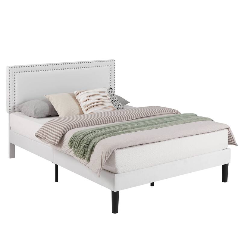 Upholstered Platform Bed Frame with Adjustable Headboard, Velvet Nailhead Trim, No Box Spring Needed