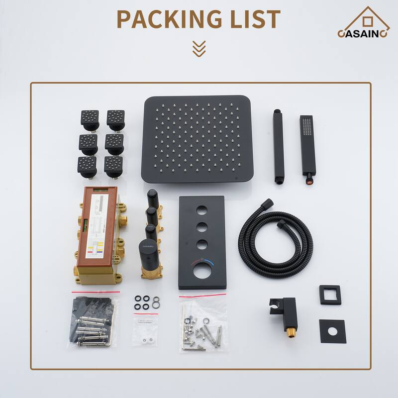 Luxury Thermostatic Shower System 1-Spray Patterns Ceiling Mount Fixed Shower Head and Handheld Spray with 6 Body Jets