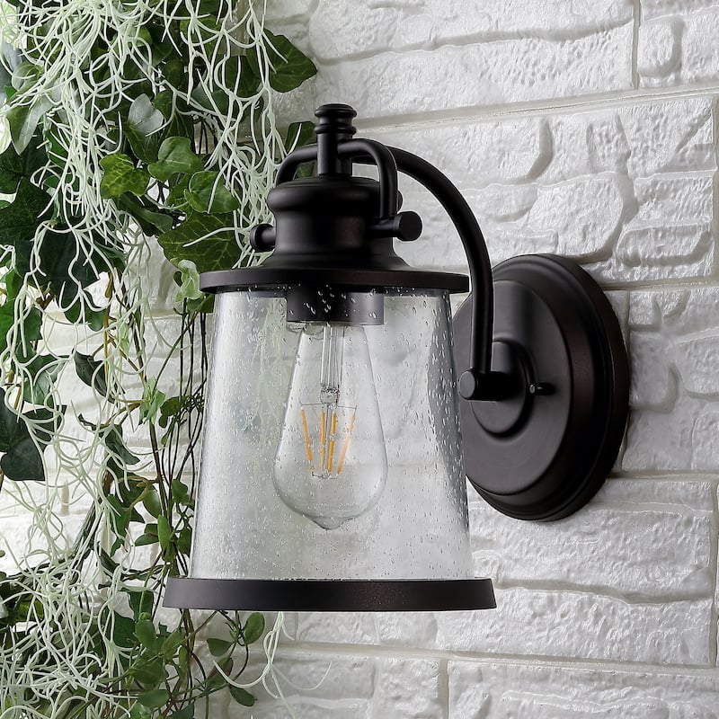 Marais 6.75" Iron/Seeded Glass Vintage Rustic LED Outdoor Lantern, Oil Rubbed Bronze by JONATHAN Y