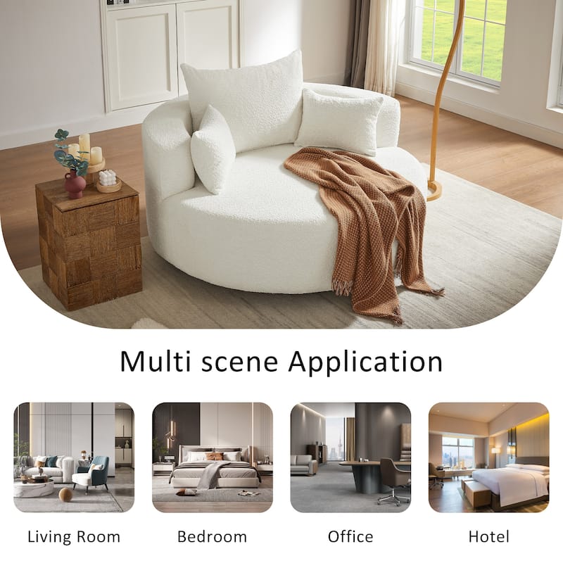 56"W Oversized Swivel Round Lounge Chair, Modern Chenille Accent Chair with 3 Pillow, Upholstered Single Sofa Chair