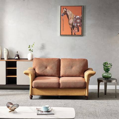 Linen Fabric Faux Leather Loveseat with Wood Leg for Living Room