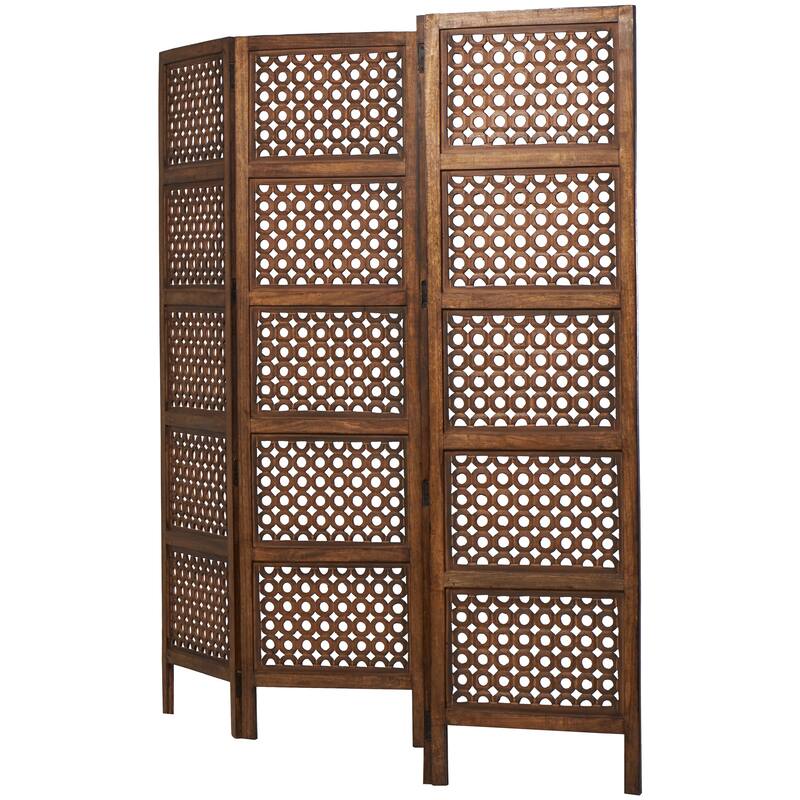 Brown Wooden Handmade Hinged Foldable Partition 4 Panel Floral Partition Room Divider Screen with Intricately Carved Designs