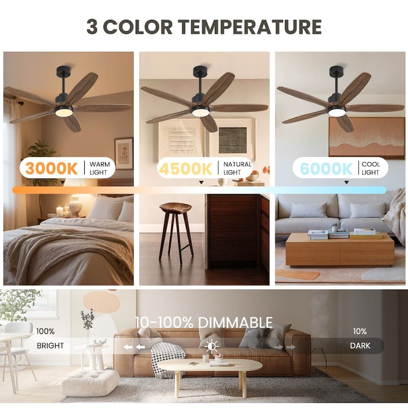 MLiAN 54 in 5 Solid Wood Blades Ceiling Fan with Integrated LED and Remote