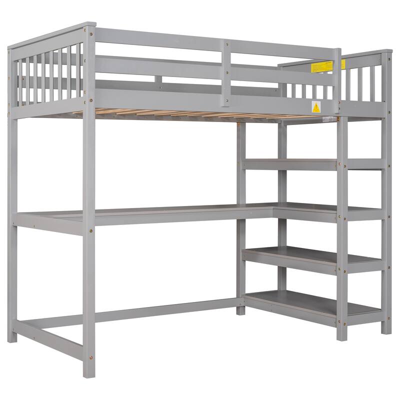 Twin Size Loft Bed with Storage Shelves and Under-bed Desk, Gray