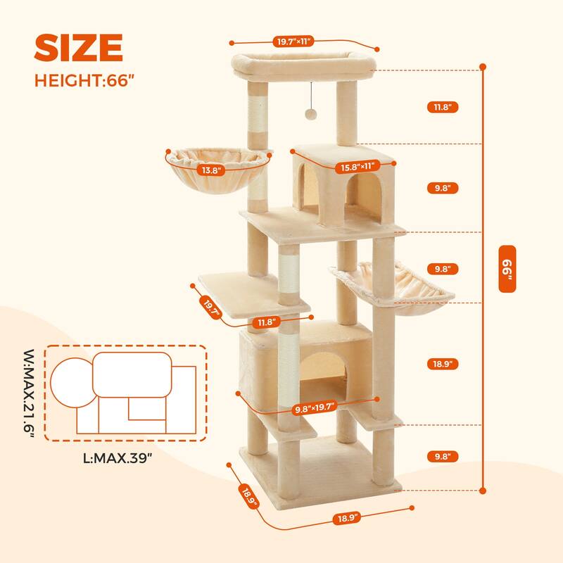 66" Cat Tree, Cat Tower with Sisal-Covered Scratching Post, Super Large Metal Hammock and 2 Big Condos
