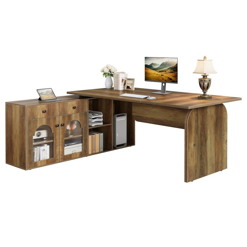 L Shaped Desk, 71-Inch Executive Office Desk with File Cabinet