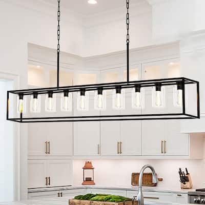 10-Light Rectangular Kitchen Island Black Chandelier Adjustable Farmhouse Pendant Light with Clear Glass Shades - 78.74