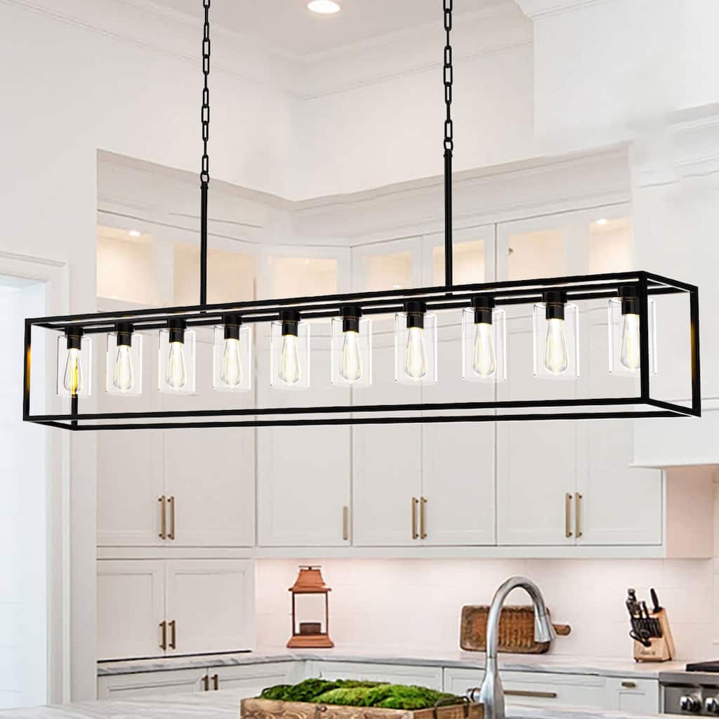 10-Light Rectangular Kitchen Island Black Chandelier Adjustable Farmhouse Pendant Light with Clear Glass Shades - 78.74