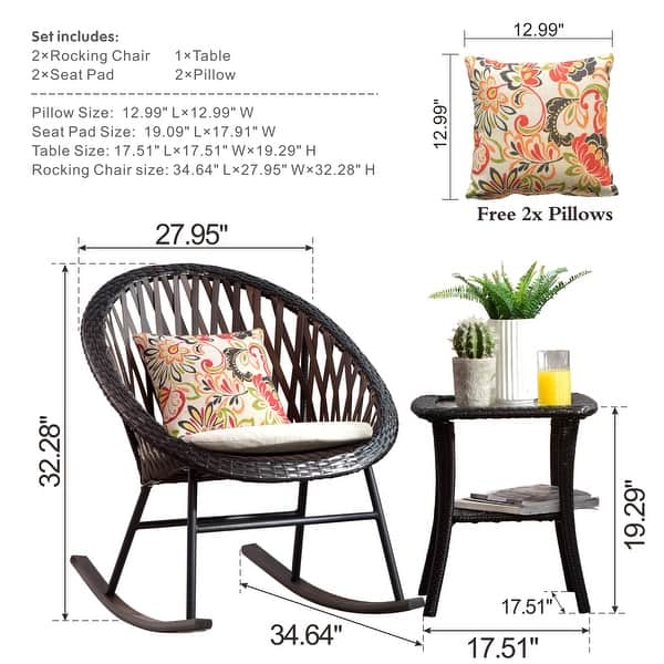 dimension image slide 1 of 4, OVIOS 3-piece Patio Rocking Chair Bistro Set with Glass Coffee Table