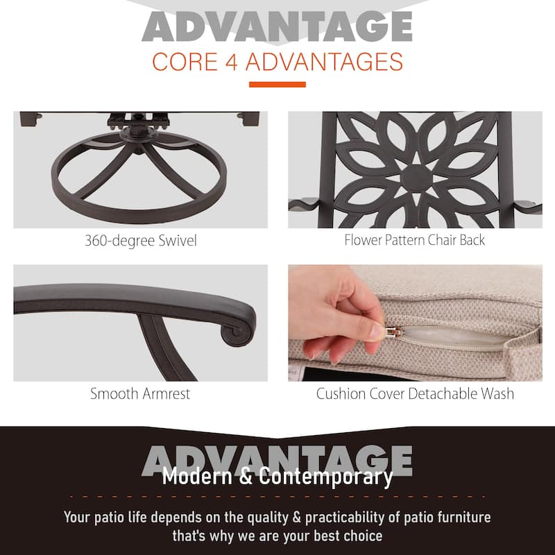 MAISON ARTS 7-Piece Cast Aluminum Patio Dining Set with Round Dining Table & 6 Dining Chairs