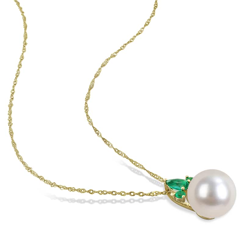 Miadora Cultured Freshwater Pearl and Gemstone Necklace White or Yellow 14k Gold - Green