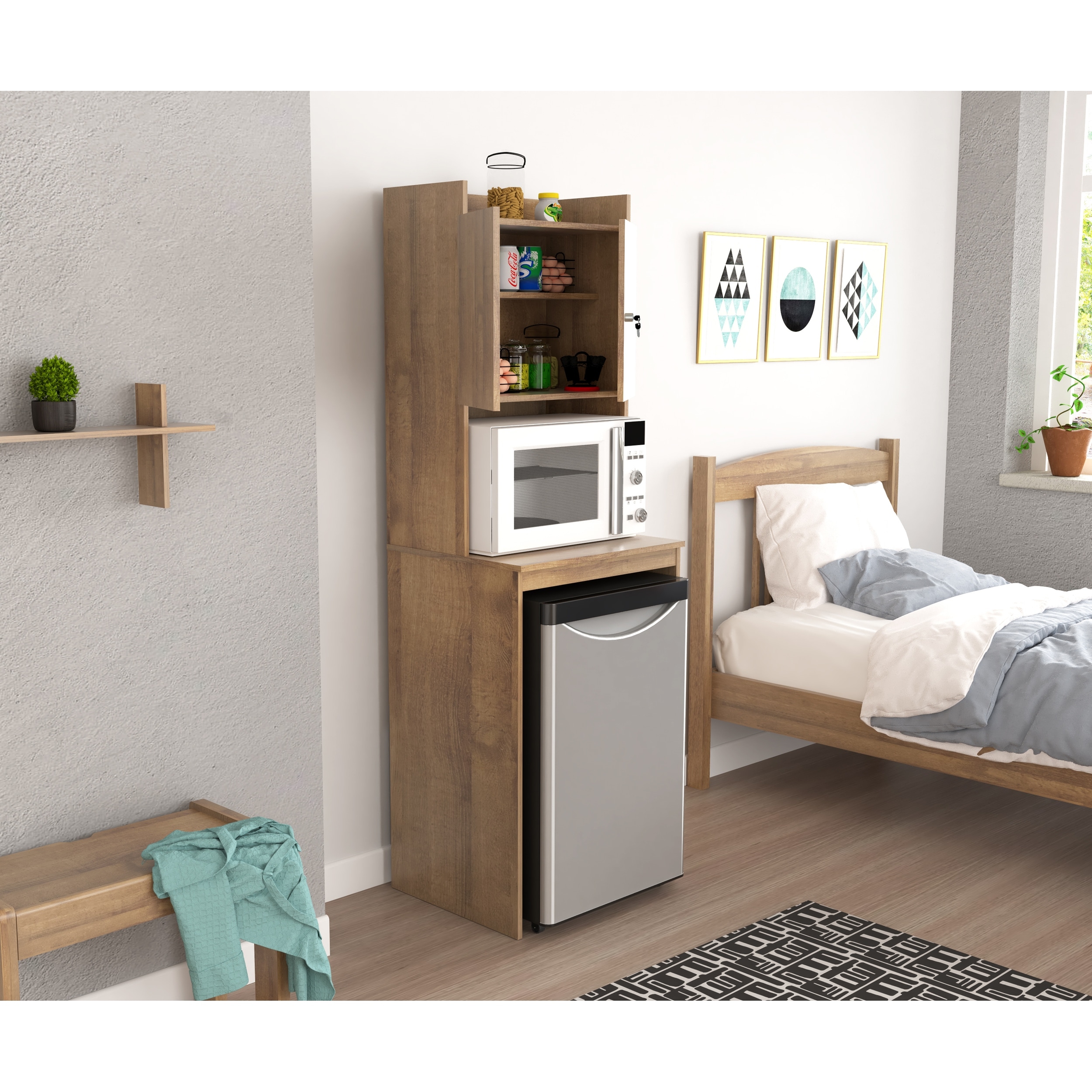 Cabinets With Mini Fridge & Microwave Flanked By Taupe Built In Bink Beds  Design Ideas