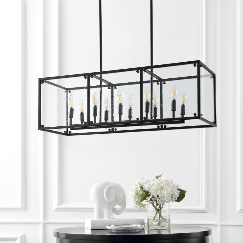 Atelier 35" Linear 10-Light Adjustable Iron/Seeded Glass Rustic Farmhouse LED Pendant, Oil Rubbed Bronze by JONATHAN Y