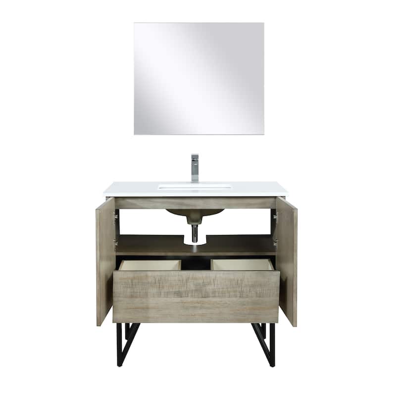 Lancy 36 in W x 20 in D Rustic Acacia Bath Vanity, White Quartz Top, Chrome Faucet Set and 28 in Mirror - Brushed Nickel Finish