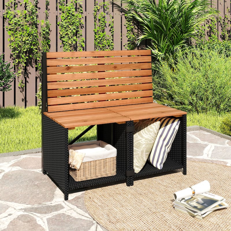 Black Rattan Acacia Wood Convertible Picnic Bench Table Set with Storage - 66" × 18" × 32"