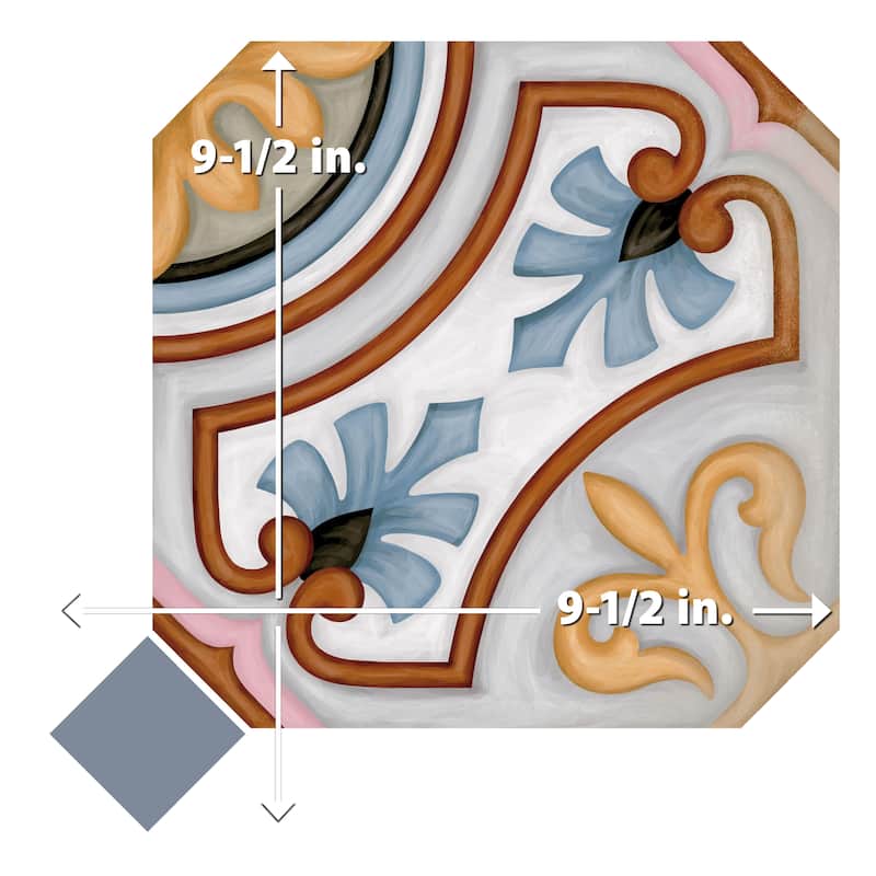 Merola Tile Vaudeville Octagon Deco Diglas with Taco Azzuro 7-7/8" x 7-7/8" Porcelain Floor and Wall Tile