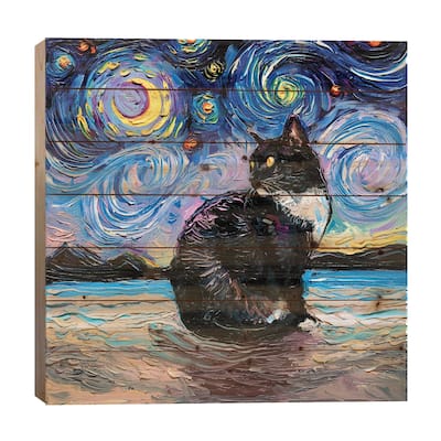 Tuxedo Cat Night II Print On Wood by Aja Trier - Multi-Color
