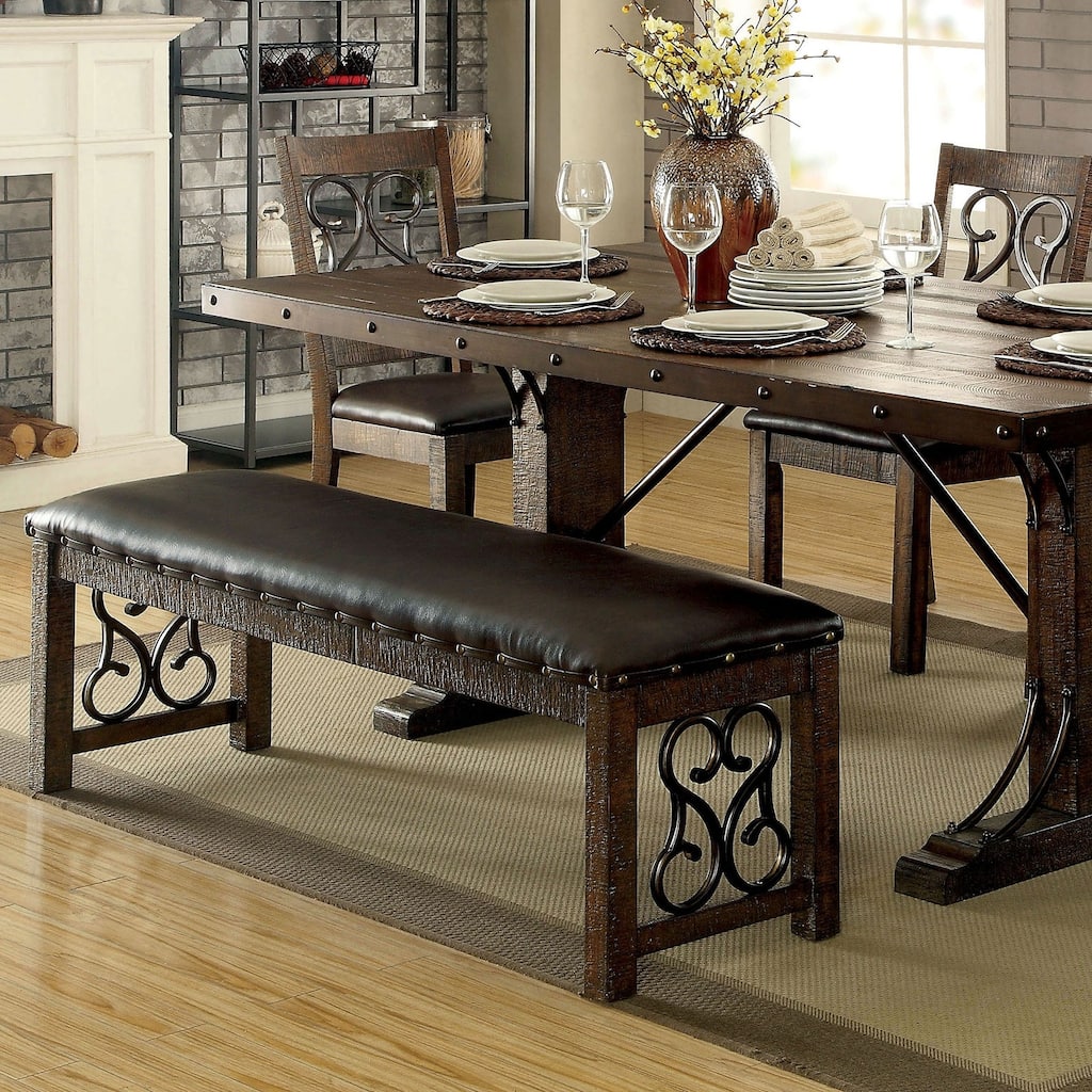Traditional 1pc Bench Dining Room Leatherette Espresso Seat Rustic Walnut Finish Wooden Bench