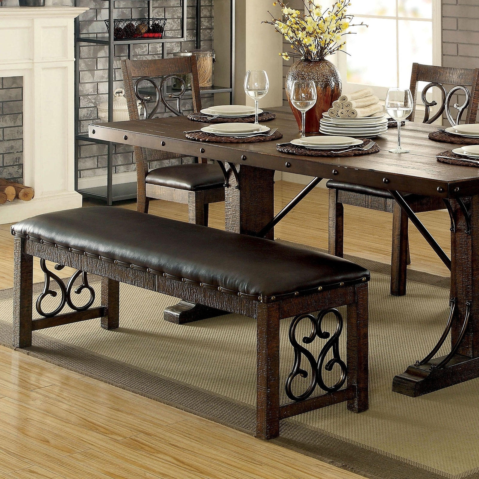 Traditional Bench With Leatherette Seat And Walnut Finish For Dining Room